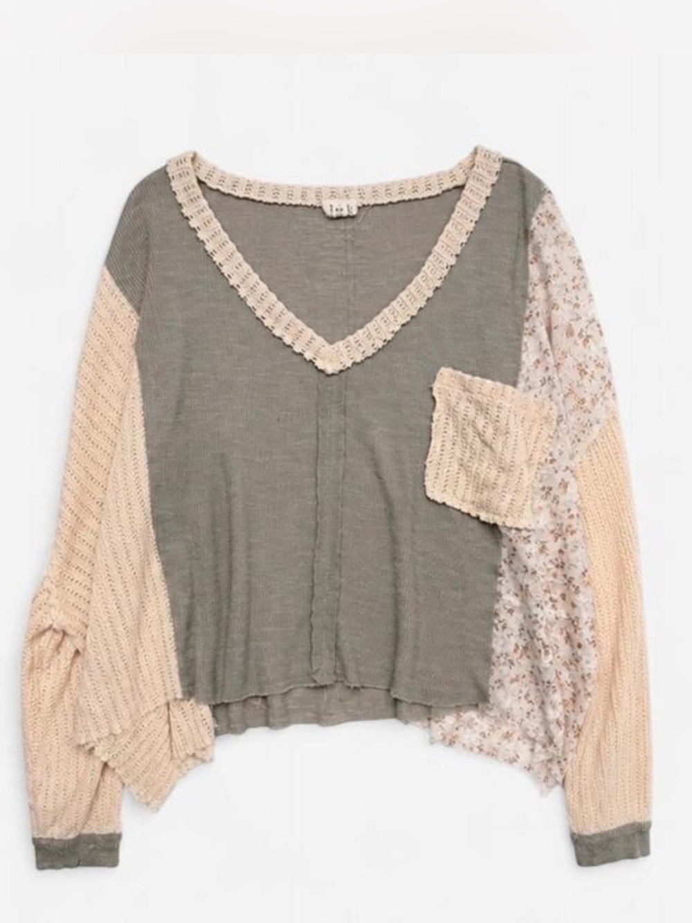 POL Olive and Cream Mixed-Media V-Neck Patchwork Sweatshirt